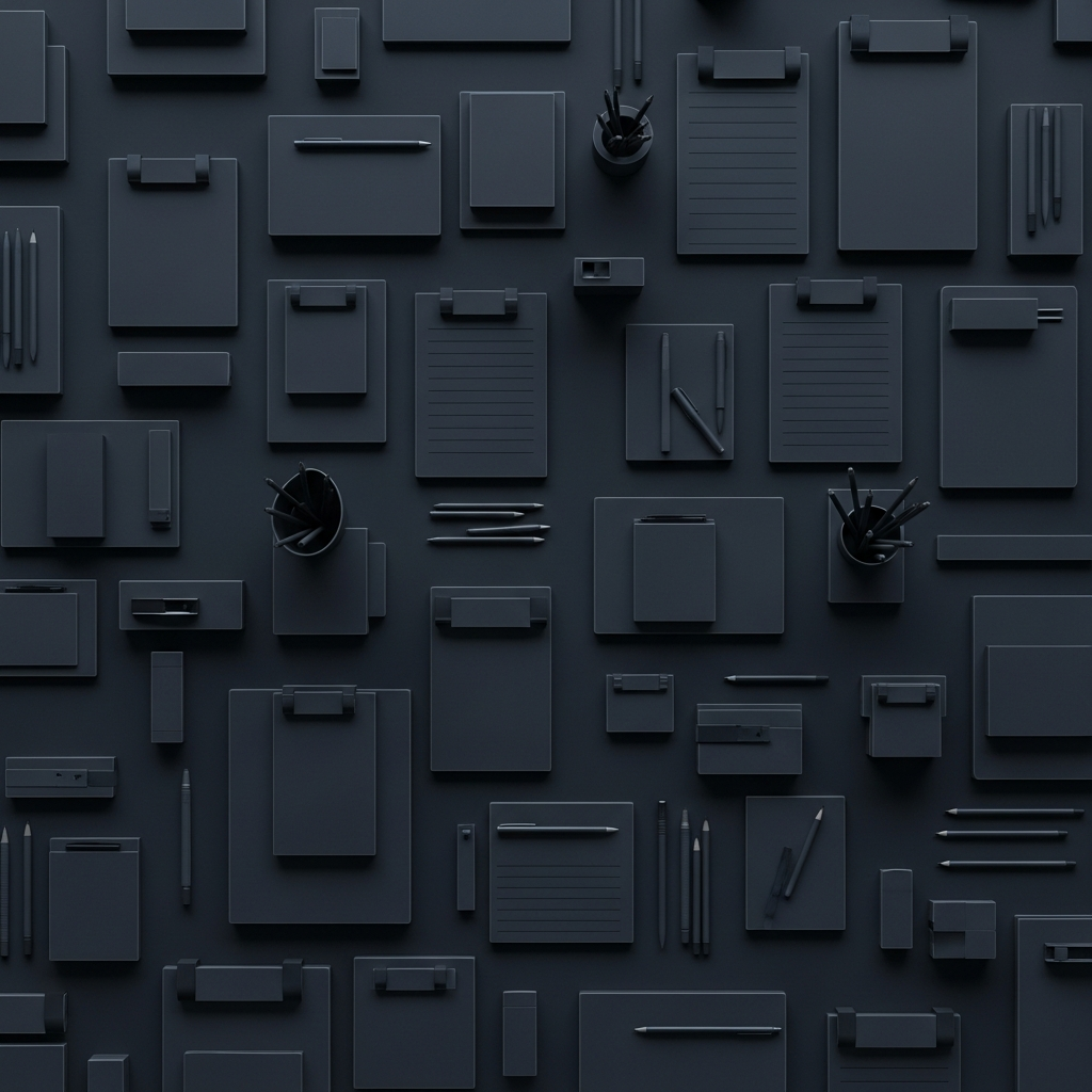 Moody overhead view of dark walnut desk with open laptop showing clean website layout, single warm desk lamp casting amber light across scattered design sketches